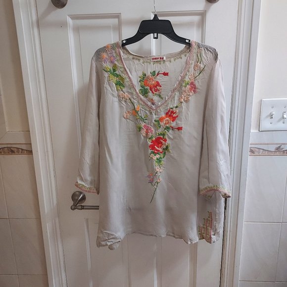 Johnny Was Georgette Embroidered Grey Boho Blouse